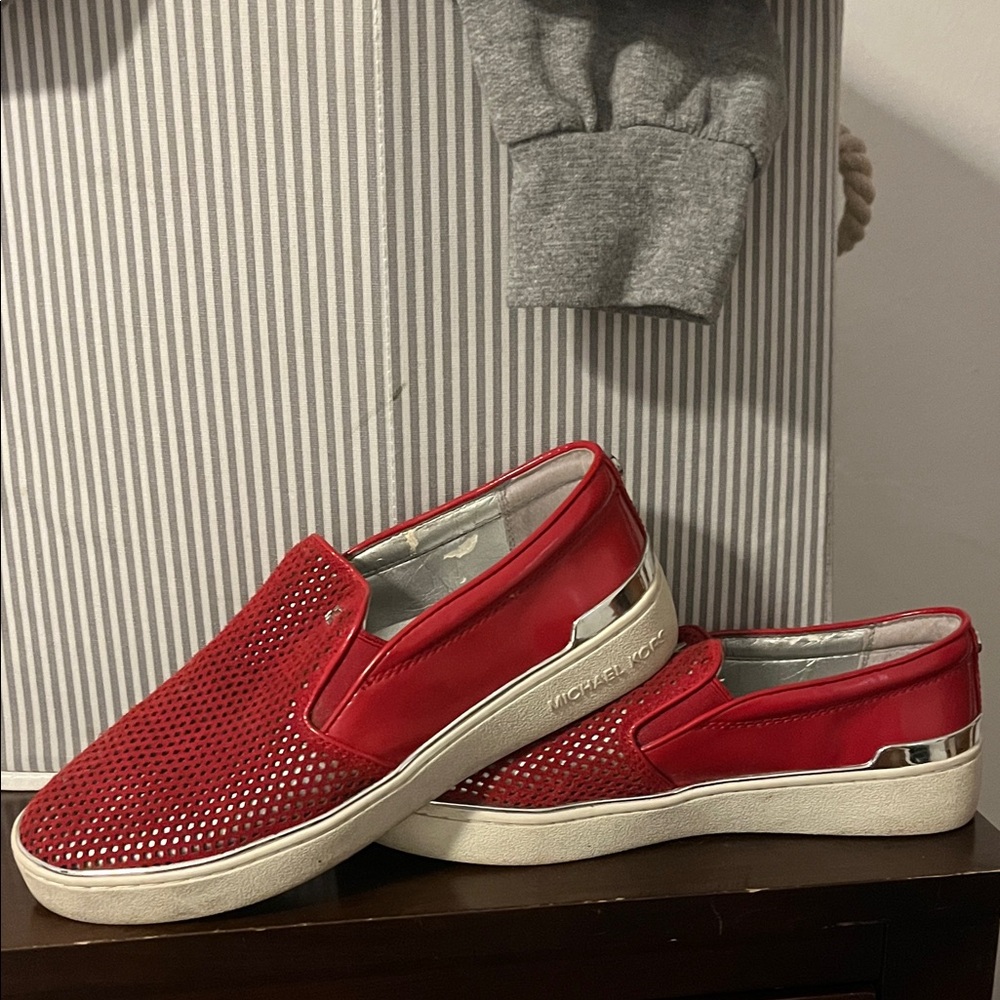 Michael Kors Red Slip-On Sneakers with Silver Metallic Heel